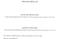 Bà Nguyễn Thị Thu Hằng công bố thông tin chào mua công khai cổ phiếu CTCP Công nghiệp hóa chất Đà Nẵng