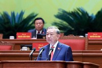 Tổng Bí thư Tô Lâm trình bày báo cáo về các văn kiện tại Đại hội XIV - Ảnh TTXVN .