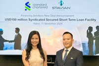 Bà Nguyễn Thúy Hạnh, Tổng giám đốc kiêm Giám đốc Khối Khách hàng Doanh nghiệp và Đầu tư, Ngân hàng Standard Chartered Việt và ông Đinh Đức Thắng, Chủ tịch Công ty Cổ phần Stavian Hoá chất 