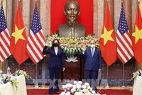 Chủ tịch nước Nguyễn Xuân Phúc và Phó Tổng thống Hoa Kỳ Kamala Harris tại buổi tiếp (Ảnh: Thống Nhất)