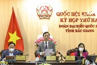 Đại biểu Trần Văn Tuấn phát biểu từ đầu cầu Bắc Giang.