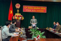 Ông Triệu Thế Hùng, Chủ tịch UBND tỉnh Hải Dương phát biểu tại buổi làm việc. Ảnh: haiduong.gov.vn