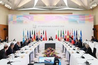 Phiên họp “Nỗ lực chung vì một hành tinh bền vững” trong khuôn khổ Hội nghị Thượng đỉnh G7 mở rộng tại Hiroshima (Ảnh: Nhật Bắc) 