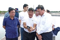 Bộ trưởng Bộ Nông nghiệp và Phát triển nông thôn Lê Minh Hoan (bìa trái) và Chủ tịch UBND tỉnh Trà Vinh Lê Văn Hẳn (bìa phải) tham quan mô hình nuôi tôm công nghệ cao hiệu quả của Tập đoàn Mỹ Lan tại tỉnh Trà Vinh. Ảnh: Văn Vũ