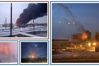 Hình ảnh một số cơ sở lọc dầu của Liên bang Nga bốc cháy sau khi bị máy bay không người lái của Ukraine tấn công.