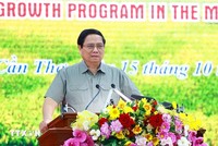 Thủ tướng Chính phủ Phạm Minh Chính phát biểu chỉ đạo Hội nghị Bàn giải pháp đẩy nhanh tiến độ Đề án 1 triệu ha lúa phát thải thấp ĐBSCL (ảnh: Dương Giang - TTXVN)