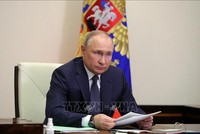 Tổng thống Nga Vladimir Putin chủ trì cuộc họp trực tuyến tại Moskva. Ảnh: AFP/TTXVN