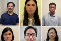 Vợ chồng Nghiêm Quốc Hưng (phía trên bên trái) và các đồng phạm bị khởi tố. Ảnh: BCA