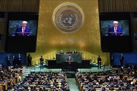 Tổng thống Mỹ Donald Trump phát biểu trước Đại hội đồng LHQ ở New York ngày 23/9/2025. Ảnh: THX/TTXVN