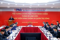 Thủ tướng ghi nhận, đánh giá cao những thành tựu của Học viện trong gần 70 năm qua và biểu dương sự nỗ lực của Học viện sau 01 năm hoạt động theo mô hình tổ chức mới - Ảnh: VGP.