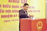 Bí thư Thành ủy Đà Nẵng Lê Ngọc Quang bỏ phiếu tại khu vực bỏ phiếu số 15, phường Hải Châu, Đà Nẵng. Ảnh: Đ.N