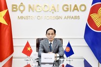 Đồng chí Lê Hoài Trung, Ủy viên Bộ Chính trị, Bộ trưởng Bộ Ngoại giao dẫn đầu Đoàn Việt Nam tham dự cuộc họp.