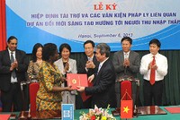 Thống đốc NHNN Nguyễn Văn Bình (phải) và Giám đốc quốc gia WB Victoria Kwakwa tại lễ ký. 