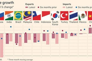 Sự sụt giảm thương mại tại 11 nền kinh tế đang phát triển, theo số liệu xuất-nhập khẩu so với 6 tháng trước 