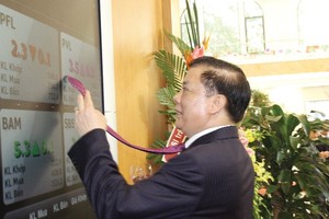 Bộ trưởng Bộ Tài chính Đinh Tiến Dũng so sánh màu tím của cà vạt với màu tím mơ ước của NĐT khi cổ phiếu tăng trần trong phiên giao dịch chào Xuân 2015 