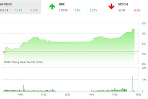 Phiên chiều 29/11: Nhóm cổ phiếu tài chính bùng nổ, VN-Index bay qua đỉnh 950 điểm
