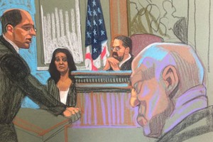 Ký họa cảnh luật sư hỏi nhân chứng. Ảnh: BBC
