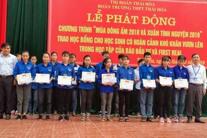 Nhà báo Hoàng Kim Thủy, Trưởng Đại diện Báo Đầu tư Văn phòng Miền Trung Tây Nguyên (ngoài cùng bên trái) và Nhà tài trợ cùng lãnh đạo Nhà trường trao học bổng cho các em học shọc.