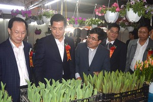 Phó Chủ tịch thường trực UBND tỉnh Thái Bình Nguyễn Hoàng Giang, lãnh đạo Sở Công thương, lãnh đạo UBND TP Thái Bình tham quan gian trưng bày của Trường Trung cấp Nông nghiệp Thái Bình.