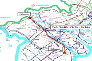 Bản đề hướng tuyến cao tốc Châu Đốc - Cần Thơ - Sóc Trăng.