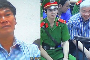 Ông Trần Đình Long (trái) và "bầu" Kiên tại phiên tòa xét xử "bầu" Kiên ngày 21/5 (ảnh chụp qua màn hình)