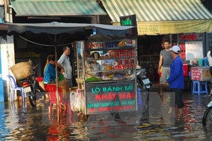 Triều cường gây ngập nước trên đường Hồ Học Lãm, quận Bình Tân. (Ảnh: Mạnh Linh/TTXVN)