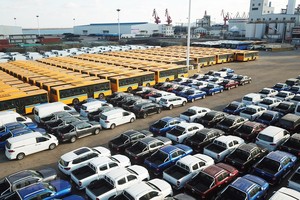 Ôtô xuất khẩu được xếp tại cảng ở Liên Vân Cảng, tỉnh Giang Tô, miền đông Trung Quốc. (Nguồn: THX/TTXVN).