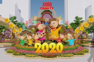 Phối cảnh chuột chào mừng du khách ngay tại cổng chính đường hoa.