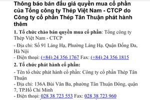 Thông báo bán đấu giá quyền mua cổ phần của Tổng công ty Thép Việt Nam