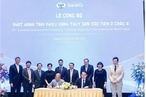 Ông Lê Tuấn Anh, Tổng giám đốc Sao Mai Group (ngồi bên phải ) cùng lãnh đạo GiarantCo ký kết Biên bản ghi nhớ tại Lễ Công bố. 