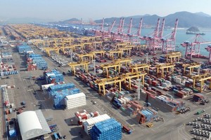 Cảng hàng hóa của tập đoàn vận tải Hanjin ở thành phố Busan, Hàn Quốc ngày 3/2. (Nguồn: AFP/TTXVN)