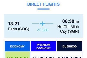 Giá khứ hồi cho một chuyến bay thẳng Paris - Tp. HCM của Air France hiển thị trên ứng dụng đặt vé trên điện thoại của hãng vào ngày 14/2. Ảnh chụp màn hình.