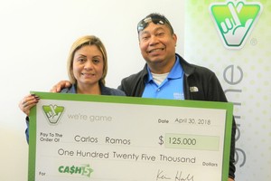 Ông Carlos Ramos và vợ cùng nhận giải thưởng tại xổ số Virginia Lottery. (Nguồn: Virginia Lottery)