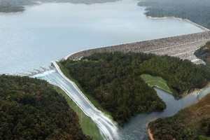 Hình mô phỏng đập nước thủy điện Xe Pian-Xe Namnoy khi hoạt động năm 2019. Đồ họa: PNPC.