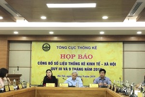 Bà Đỗ Thị Ngọc, Vụ trưởng Vụ Thống kê giá (bên trái)  phân tích về CPI tại buổi họp báo. Ảnh:VGP/Huy Thắng.