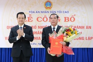 Phó Chánh án TANDTC Lê Hồng Quang trao quyết định và chúc mừng đồng chí Đặng Quốc Khởi..