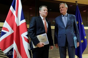 Trưởng đoàn đàm phán thương mại hậu Brexit của Anh David Frost (trái) và người đồng cấp EU Michel Barnier (phải) tại vòng đàm phán ở Brussels, Bỉ ngày 2/3/2020. (Ảnh: AFP/TTXVN).