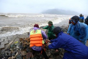 Rọ thép cùng đá to được dùng để khắc phục điểm sạt lở tại kè Cẩm Nhượng, huyện Cẩm Xuyên. (Ảnh: Minh Quyết/TTXVN).