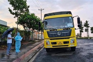 Xe tải sử dụng mã QR luồng xanh giả lưu thông từ vùng dịch về địa bàn tỉnh Gia Lai bị lực lượng chức năng bắt giữ. (Ảnh: Quang Thái/TTXVN).