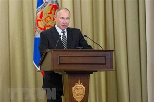 Tổng thống Nga Vladimir Putin phát biểu tại Moskva. (Ảnh: AFP/TTXVN).