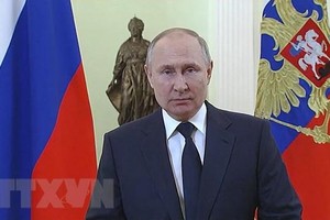 Tổng thống Nga Vladimir Putin phát biểu tại Moskva ngày 8/3/2022. (Ảnh: AFP/TTXVN).