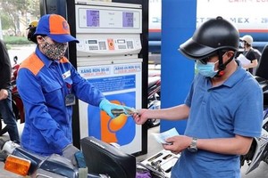Mua bán xăng dầu tại cửa hàng kinh doanh xăng dầu Petrolimex trên đường Trần Quang Khải, Hà Nội. (Ảnh: Trần Việt/TTXVN).