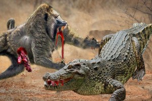 Màn thoát hiểm khó tin của khỉ đầu chó trước nanh vuốt của cá sấu sông Nile khổng lồ