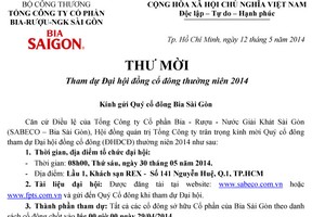 Sabeco: Thư mời tham dự Đại hội đồng cổ đông thường niên 2014