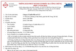 FIT: Thông báo phát hành cổ phiếu ra công chúng (đợt 2/2014)