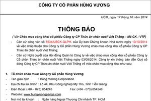 HVG thông báo chào mua công khai cổ phiếu VTF