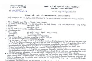 CTCP Chứng khoán IB (IBSC - mã VIX): Thông báo phát hành cổ phiếu ra công chúng