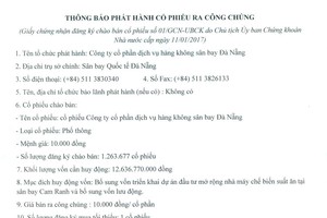 CTCP Dịch vụ hàng không sân bay Đà Nẵng thông báo phát hành cổ phiếu ra công chúng