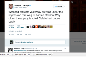 Tân tổng thống Mỹ Trump chỉ trích người biểu tình đã không đi bỏ phiếu. Ảnh: Twitter