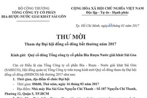 Sabeco thông báo mời cổ đông tham dự Đại hội đồng cổ đông bất thường 2017